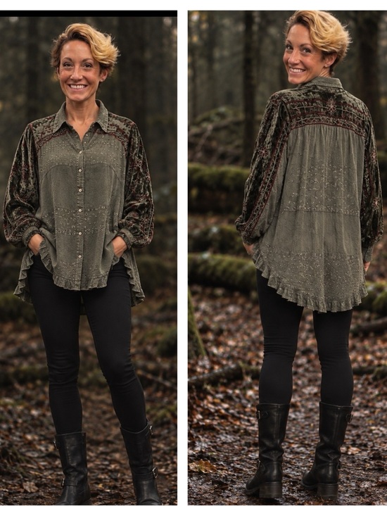 Young Threads Tops - Young Threads Boho Velvet Embroidered Olive Green Button-Down Blouse SZ L NWT